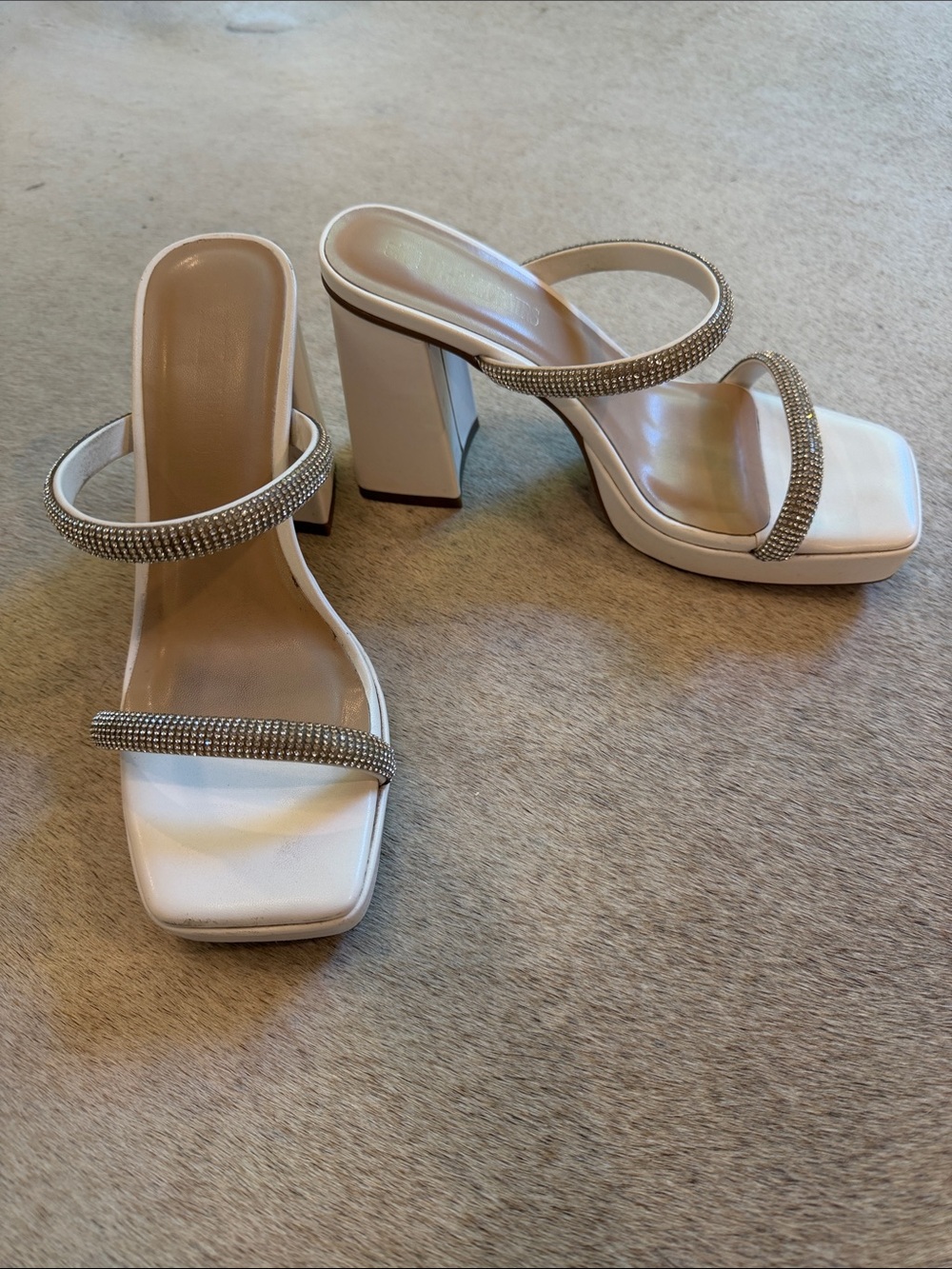 White Block Heel with Rhinestone Straps